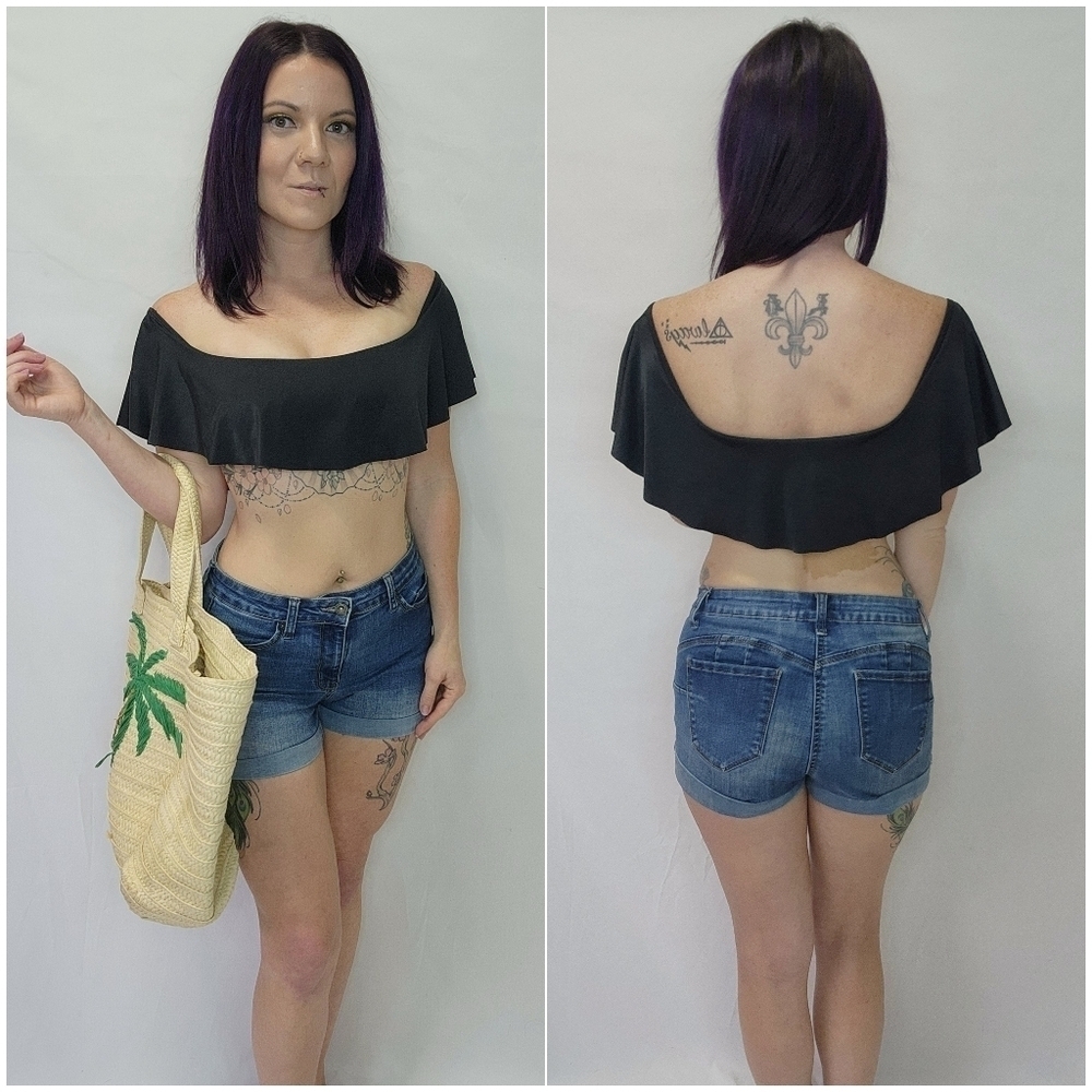 TopMelon Black Off Shoulder Ruffle Padded Bandeau Bikini Top Swimwear